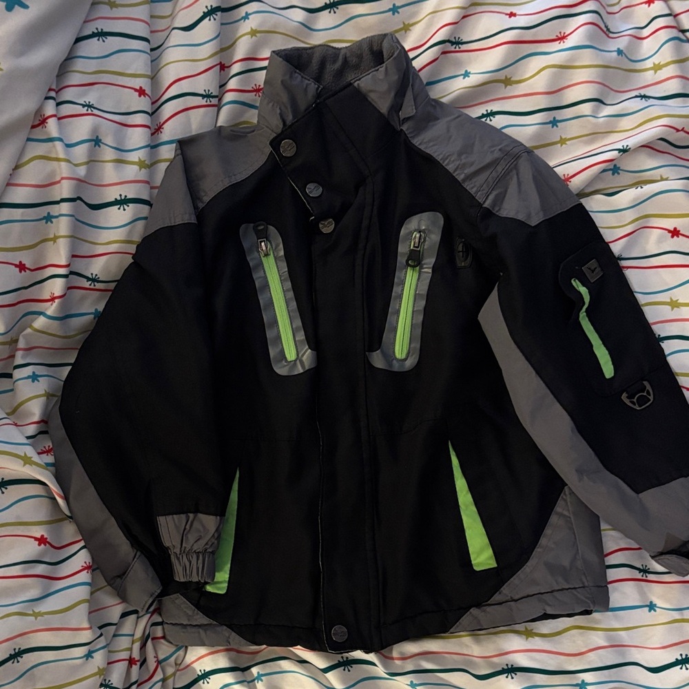 Hawke & Co Kids Black and Gray Raincoat with Green Highlights